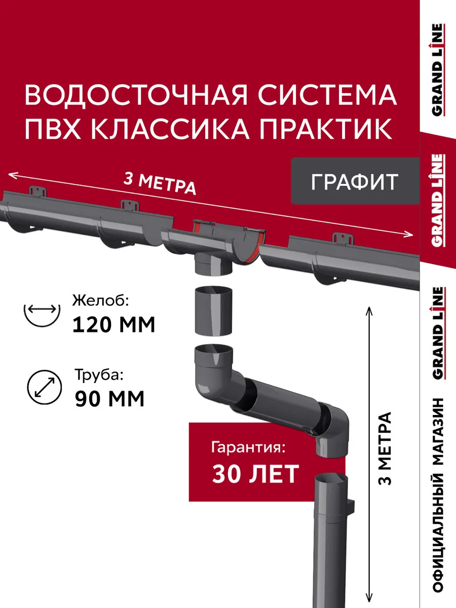 Комплект водосточной системы Классика Практик 120 ПВХ Grand Line 3м/3м RAL 7024 графит