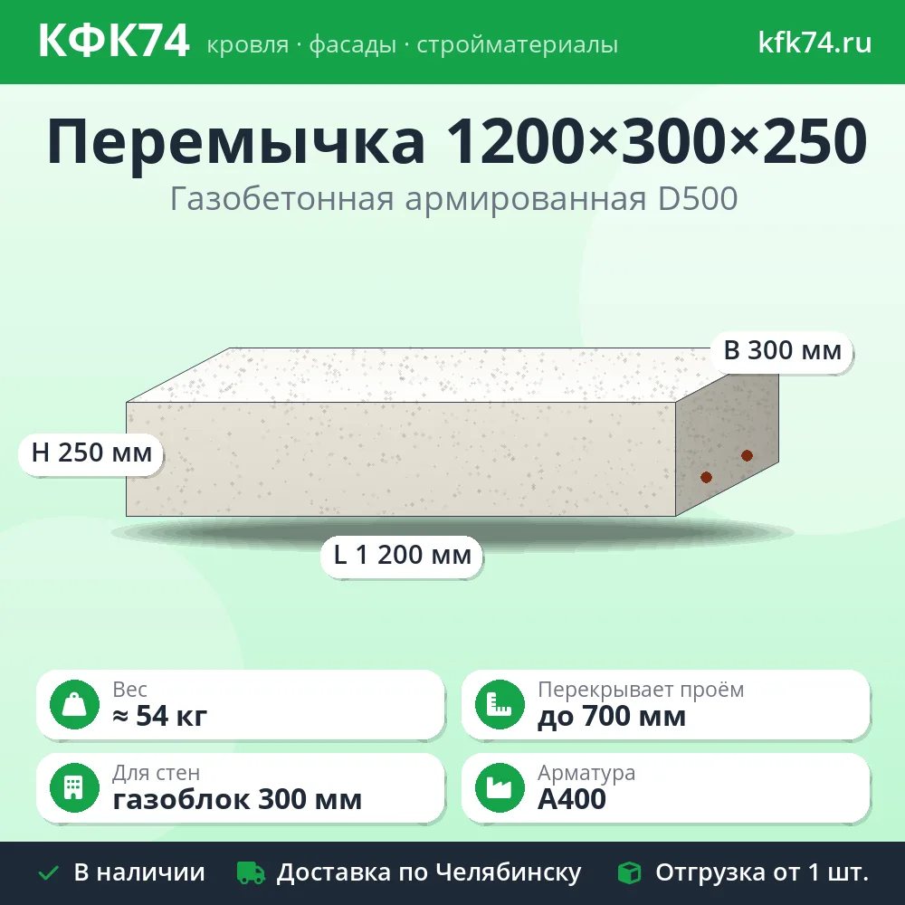 Перемычка газобетонная армированная 1200×300×250 мм