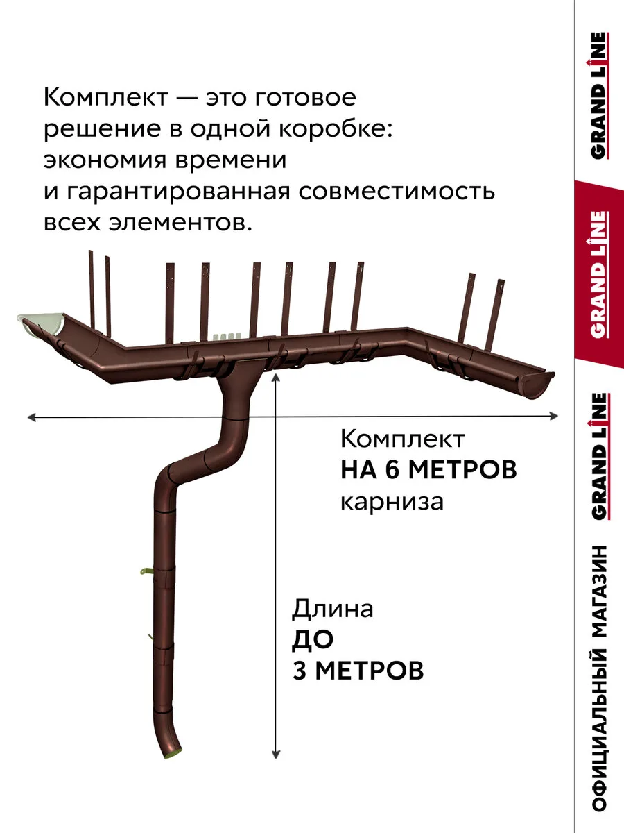 Комплект водостока Grand Line ПЭ 125/90 RAL 8017 6м/3м