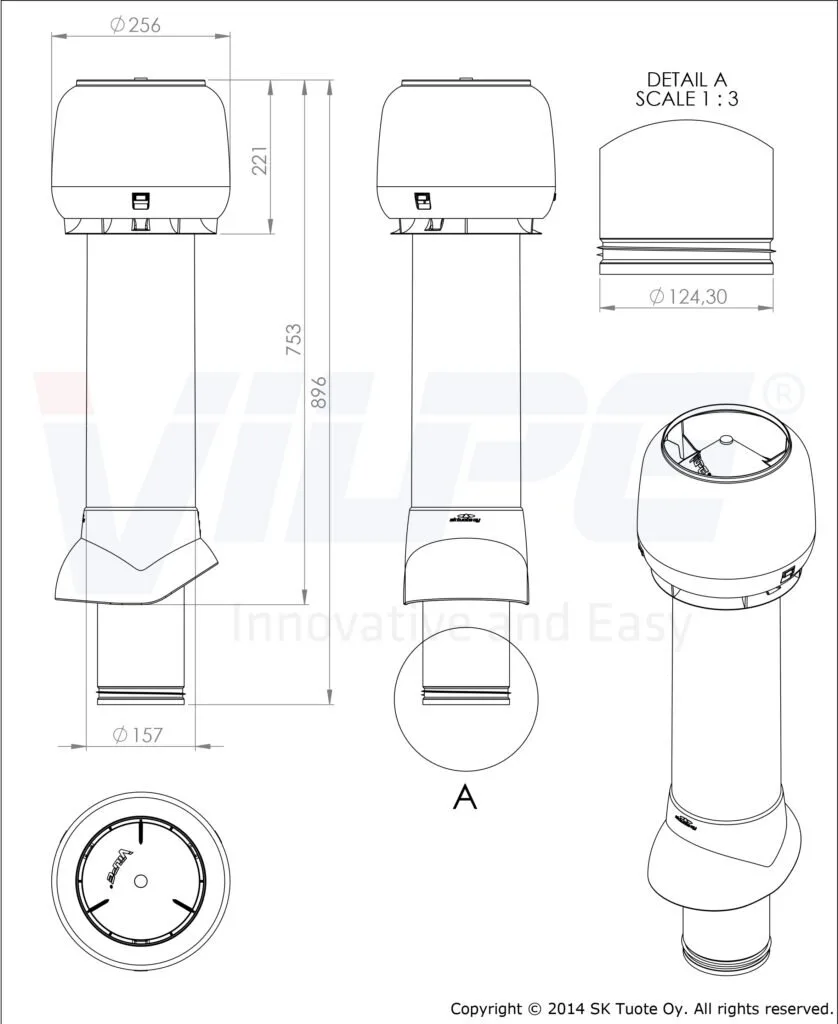 Выход вытяжки с колпаком Vilpe 125/160/700 изолированный красный