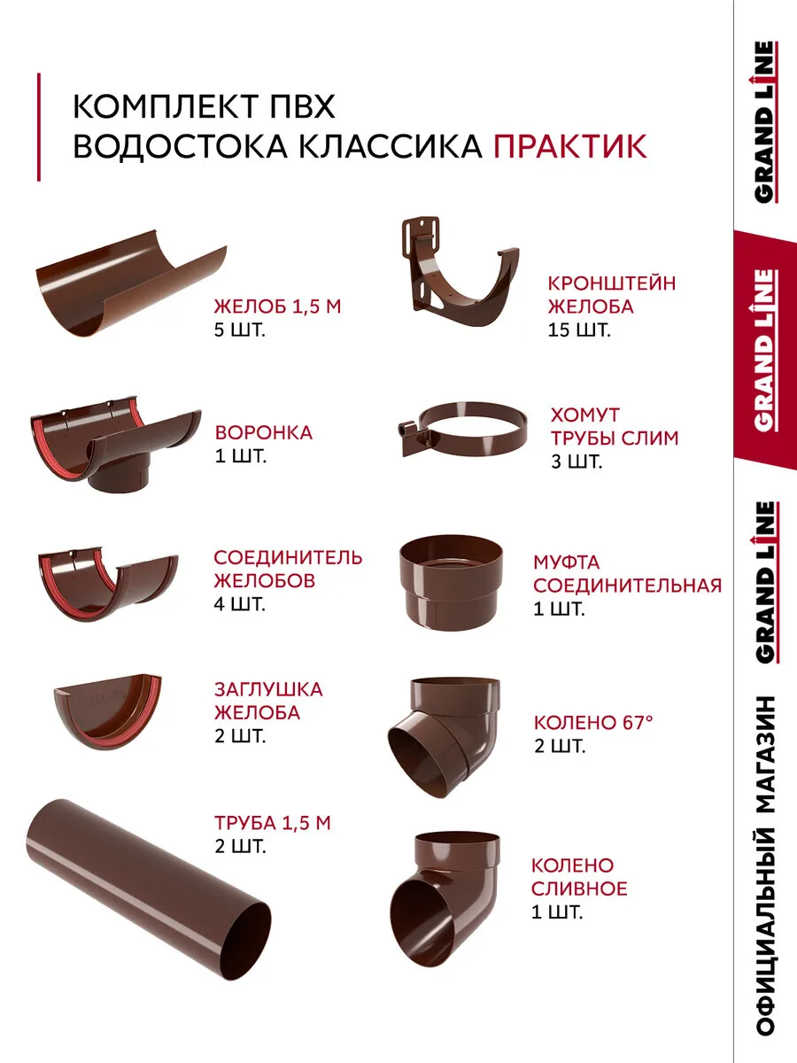 Комплект водосточной системы Классика Практик 120 ПВХ Grand Line 7,5м/3м RAL 8017 шоколад