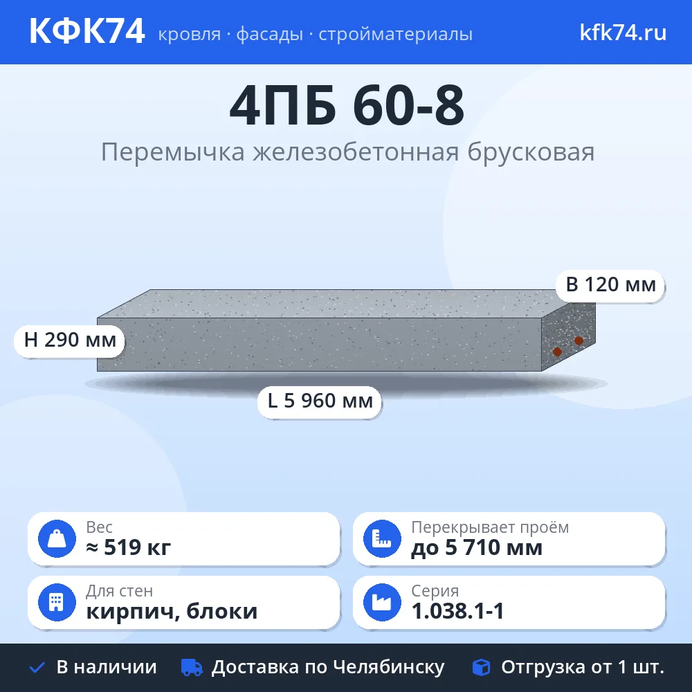 Перемычка 4ПБ 60-8 железобетонная брусковая 5960×120×290 мм