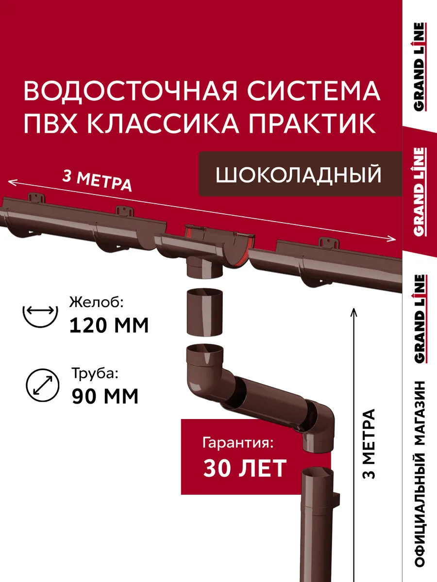 Комплект водосточной системы Классика Практик 120 ПВХ Grand Line 3м/3м RAL 8017 шоколад