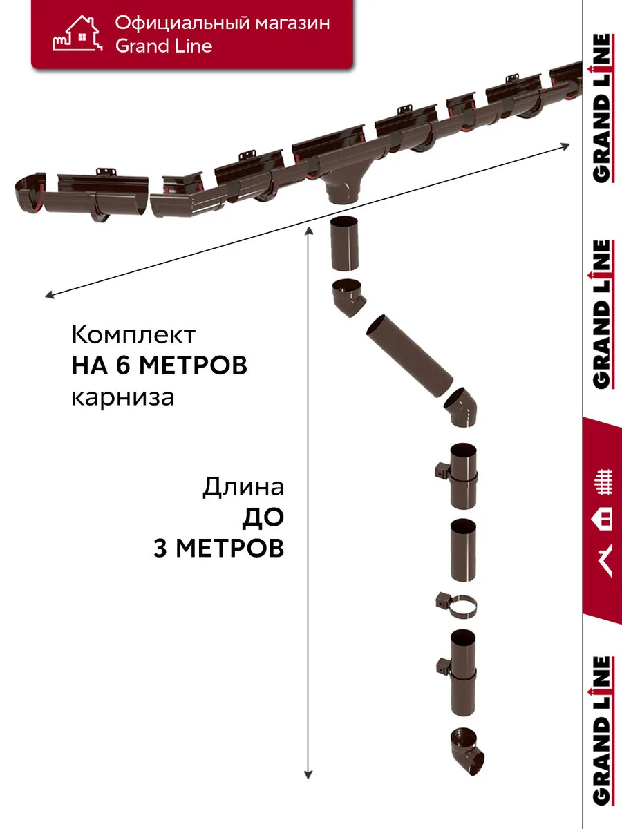 Комплект водосточной системы Дизайн 135мм ПВХ Grand Line, 6м/3м RAL 8017 шоколад