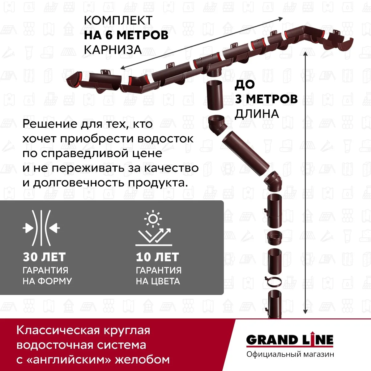 Комплект Водосточной системы Классика 120мм ПВХ Grand Line 6м/3м RAL 8017 шоколад