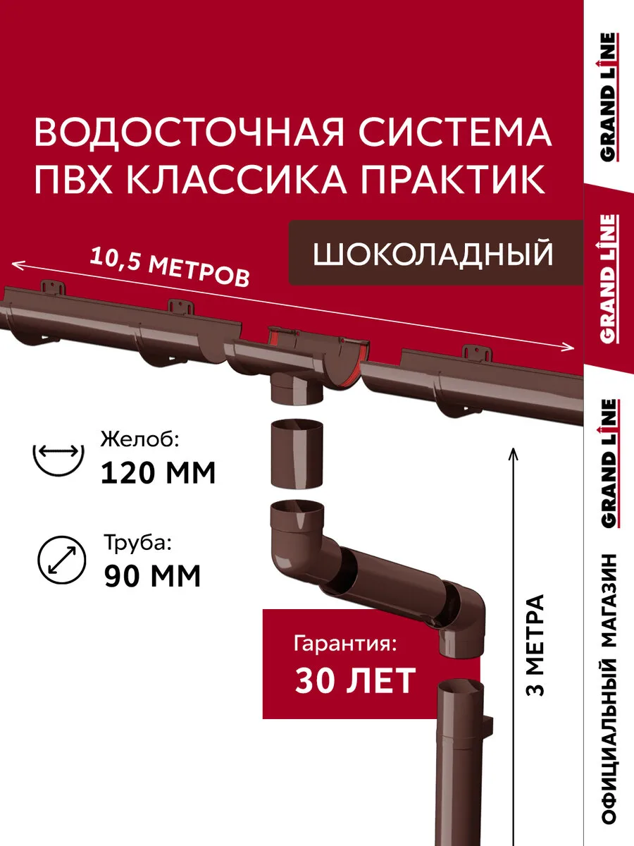 Комплект труб водосточной системы Классика 120 ПВХ Grand Line 1,5м RAL 8017 шоколад (2шт)