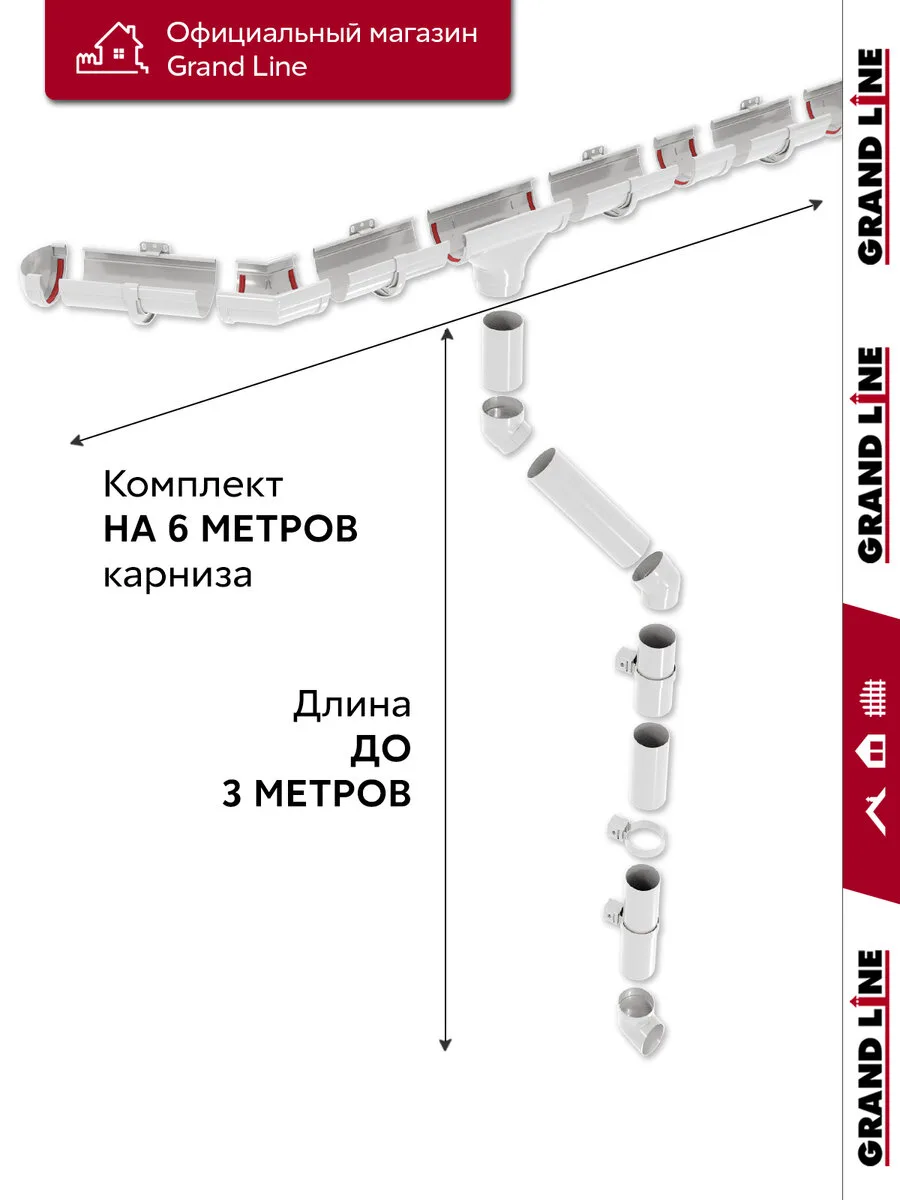 Комплект водосточной системы Дизайн 135мм ПВХ Grand Line, 6м/3м RAL 9003 белый