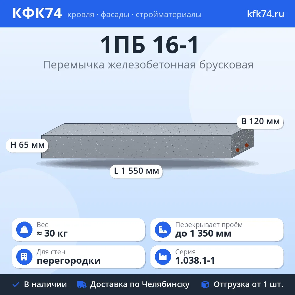 Перемычка 1ПБ 16-1 железобетонная брусковая 1550×120×65 мм