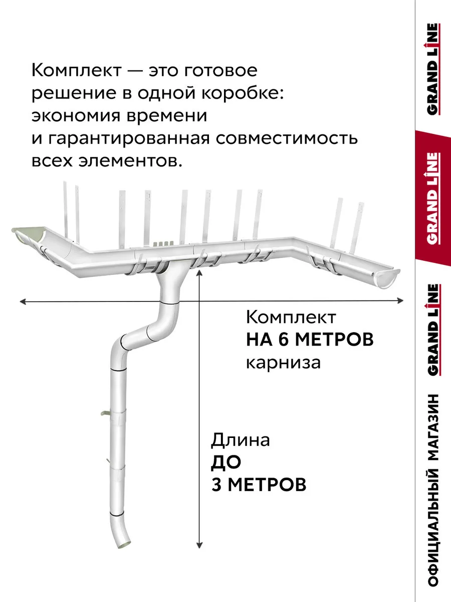 Комплект водостока Grand Line ПЭ 125/90 RAL 9003 6м/3м
